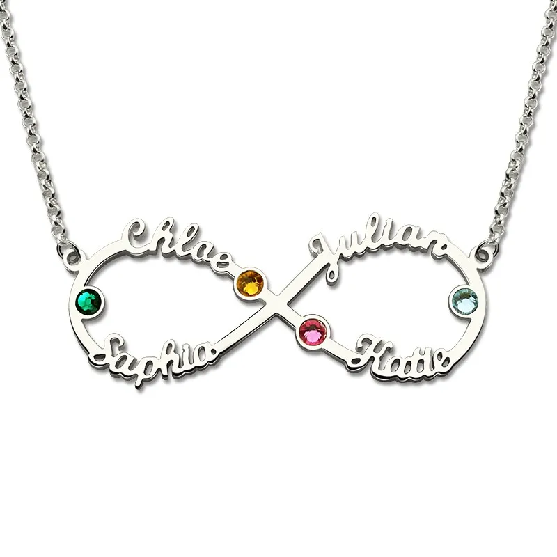 Sterling Silver 925 Женское обычай Бесконечность табличка ожерелье персонализированные 4 имени ожерелье с камнями Рождения Серебро 925 кулон для женщин колье - Окраска металла: Sterling Silver 925