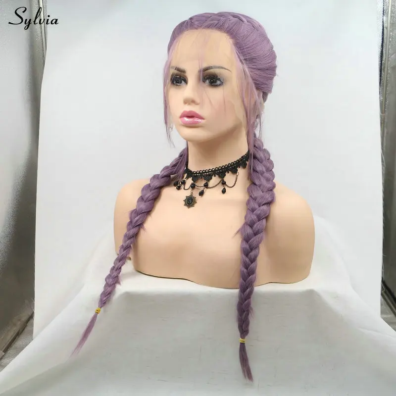 Sylvia 2x твист косички парик 613# Пастель блонд/60# белый блонд/фиолетовый синтетический парик на кружеве с детскими волосами двойной плетеный парик