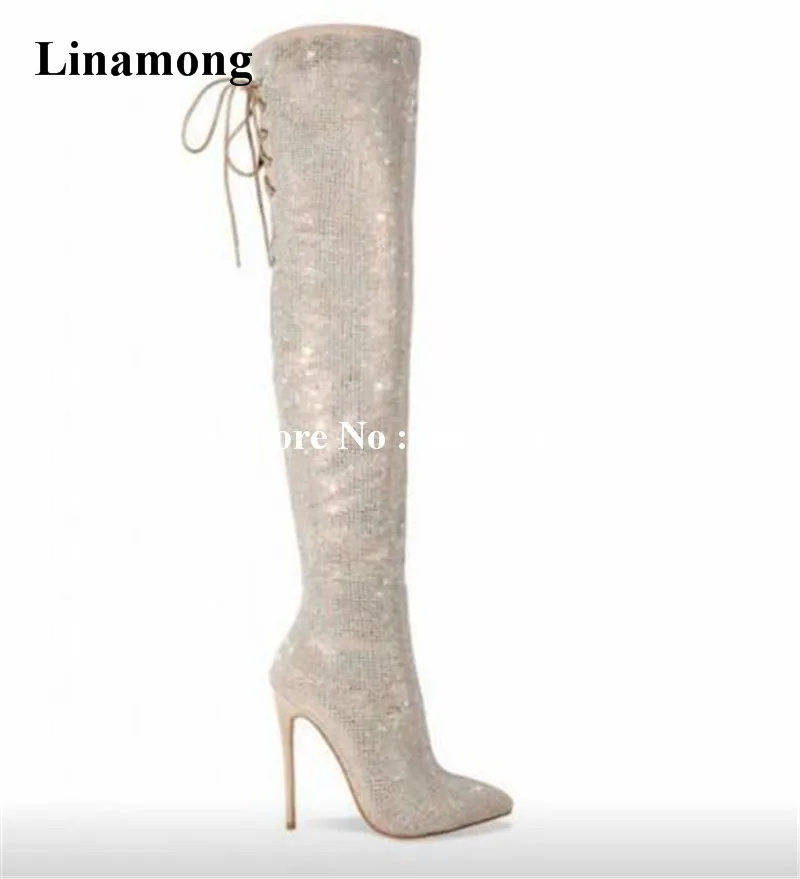 

Luxurious Women Sexy Party Over The Knee Long Boots Pointed Glittering Bling And Thigh Lace-up Long Boots Sequined Bling Boots