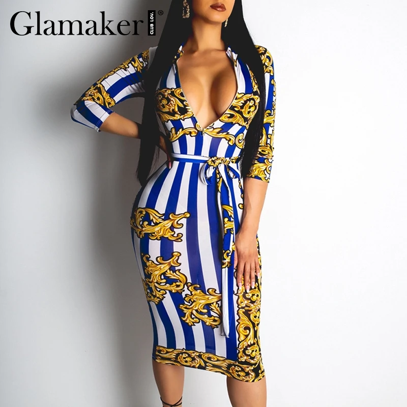 Женское облегающее платье Glamaker летнее элегантное в полоску с поясом на шнуровке
