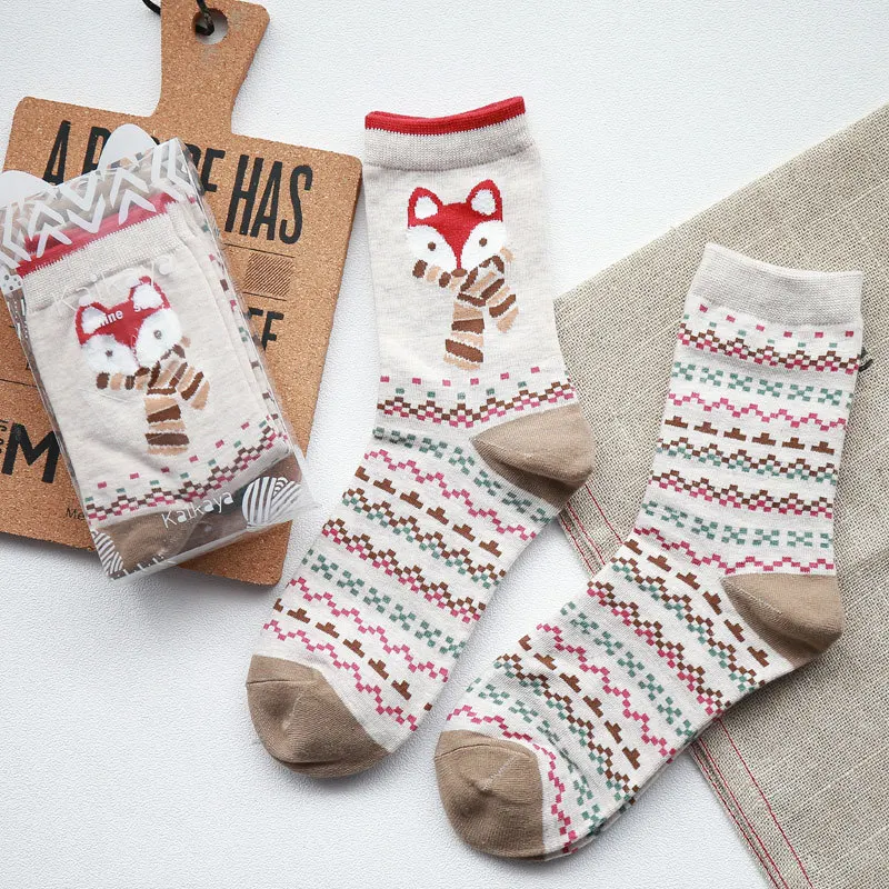 

[PEONFLY] 2 Pairs/Lot Funny Christmas Santa FOX Women Socks Winter Warm Soft Cotton Cute Socks Women Xmas