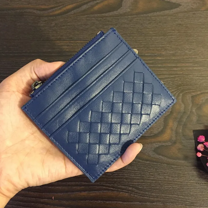Blue CAJIFUCO классический держатель для кредитных карт из натуральной кожи, кошелек из овечьей кожи на молнии, тканый кошелек бумажник Masculina - Цвет: Blue