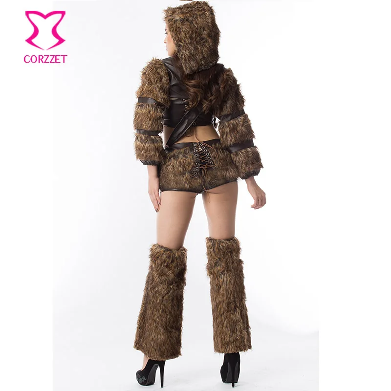 Коричневый топ из искусственного меха и кожи с юбкой + шапка куртка костюм