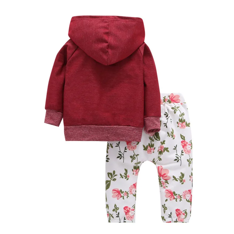 

Fashion Infant Clothes Baby Clothing Sets Casual Baby girl Pure color hooded Tops+print Long Pants 2Pcs Outfits kids Set Clothes