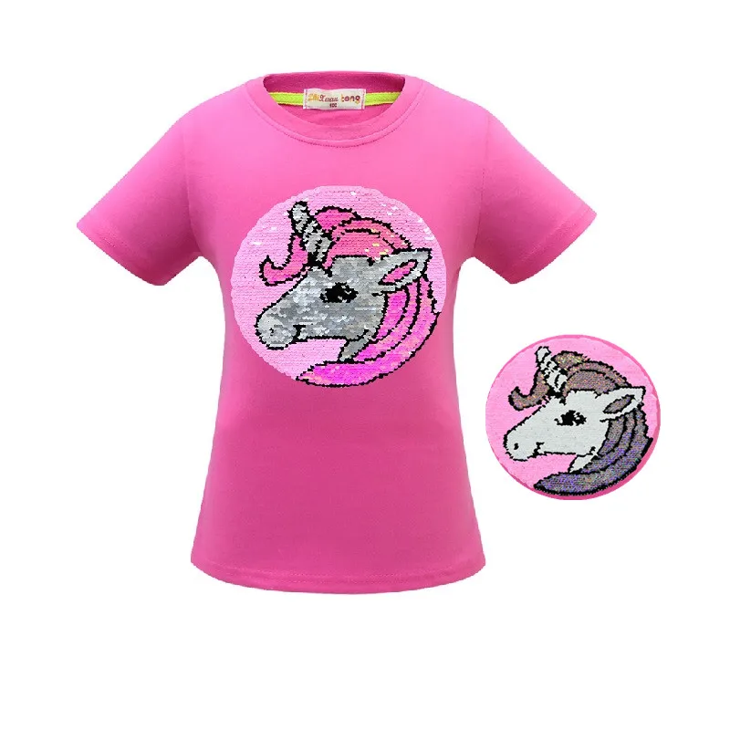 3488 Rose Футболка с единорогом летняя одежда для маленьких девочек Camiseta Unicornio, футболка топы для девочек, Femme, Детская футболка, Enfant, для дня рождения, цветная, с блестками - Цвет: 3488 Rose