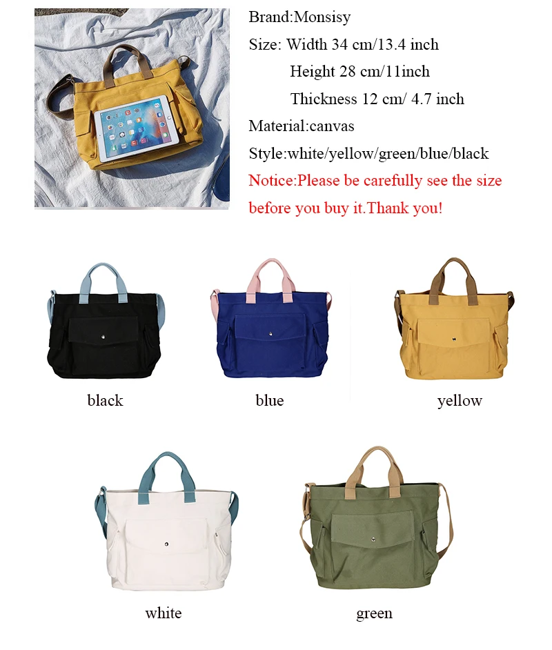 Monsisy Canvas Tote Women Beach Bag Shopping Handbag Big Capacity Pocket Student Girl School Book Travel Shoulder/Messenger Bags