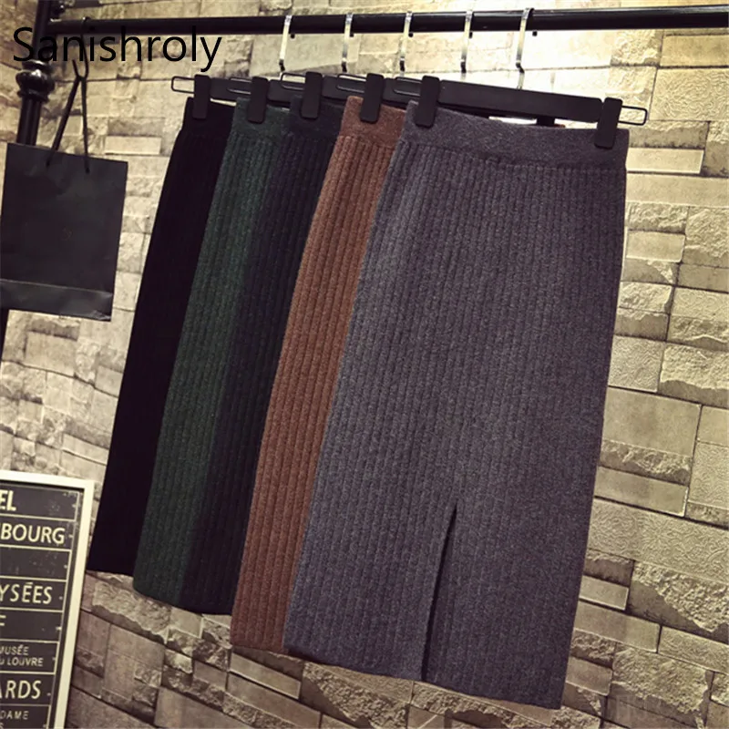 Skirts Elastic High Waist Split Knitted Skirt Ladies Warm Thick Sweater Skirt Saia S182