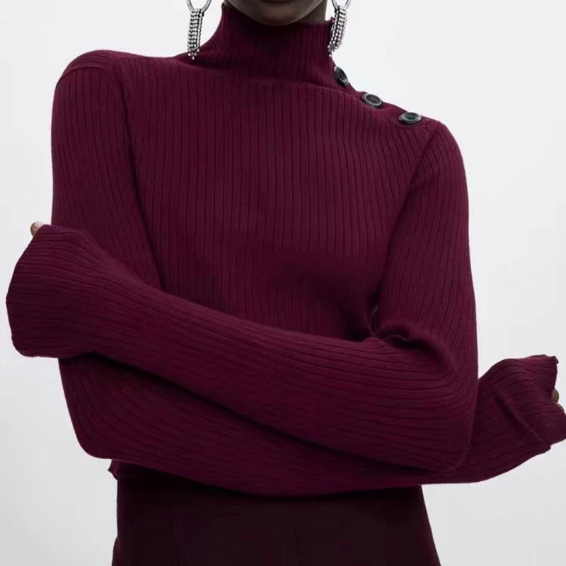 Вязаный желтый укороченный свитер женский Водолазка пуговицы длинный рукав