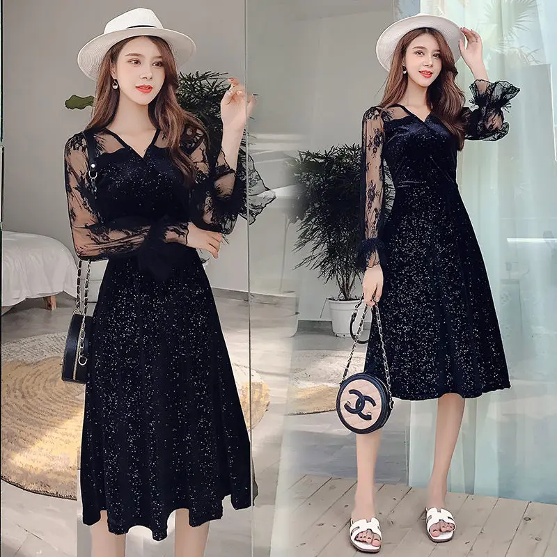 Korea Summer Dress 2019 Women Casual Velvet Patchwork Lace Mesh Flare Sleeve Sexy V-Neck Party Dresses Vestidos | Женская одежда