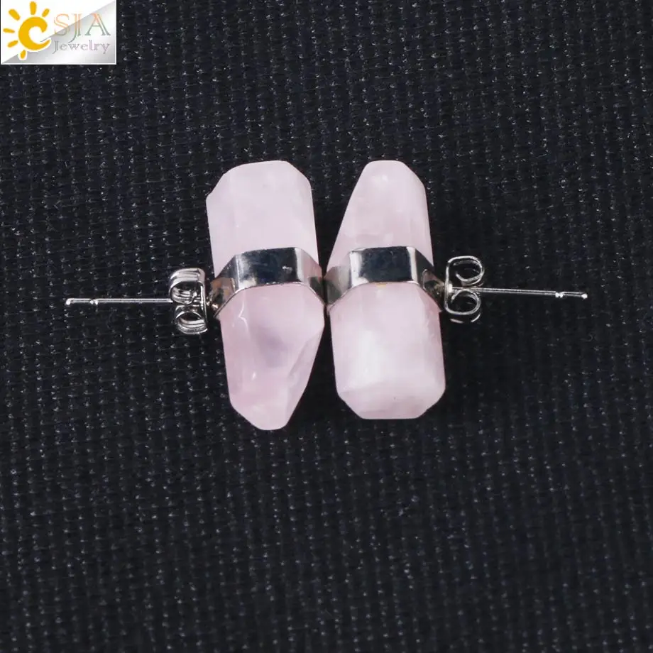 Rose Quartz CSJA серьги-гвоздики с натуральным камнем, Геометрическая кристаллическая колонна, розовая кварцевая Серьга для женщин, исцеляющая Мода, драгоценности для ушей, подарки G033 - Окраска металла: Rose Quartz