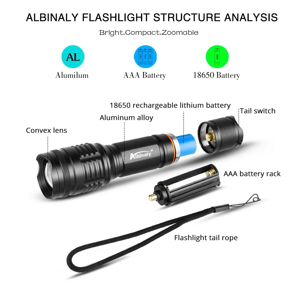 Albinaly светодио дный фонарик очень яркий CREE XML T6/L2 факел 5 режимов 8000 люмен
