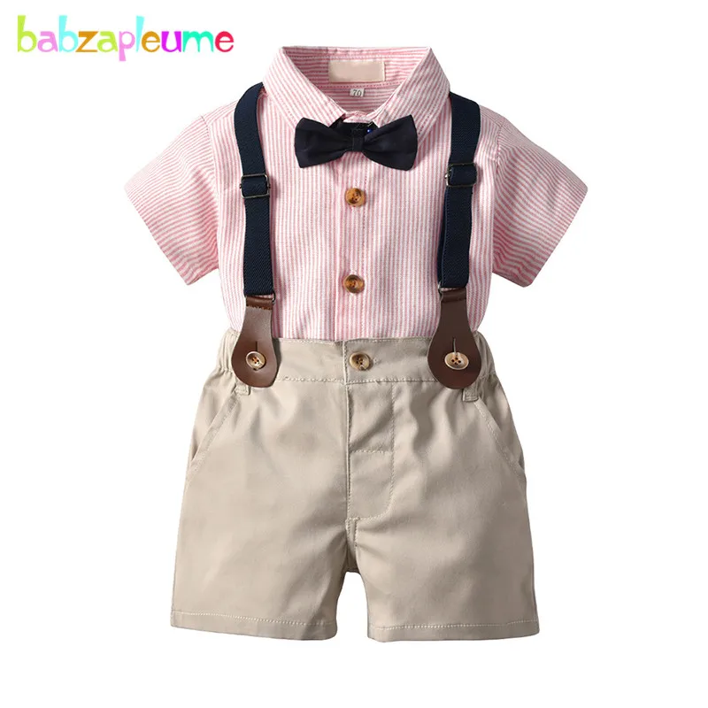 4Piece Summer Outfit Newborn Clothes Korean Fashion Gentleman Suit Baby Shirt+Shorts+Bow+Straps Infant Boys Clothing Sets BC1590 |