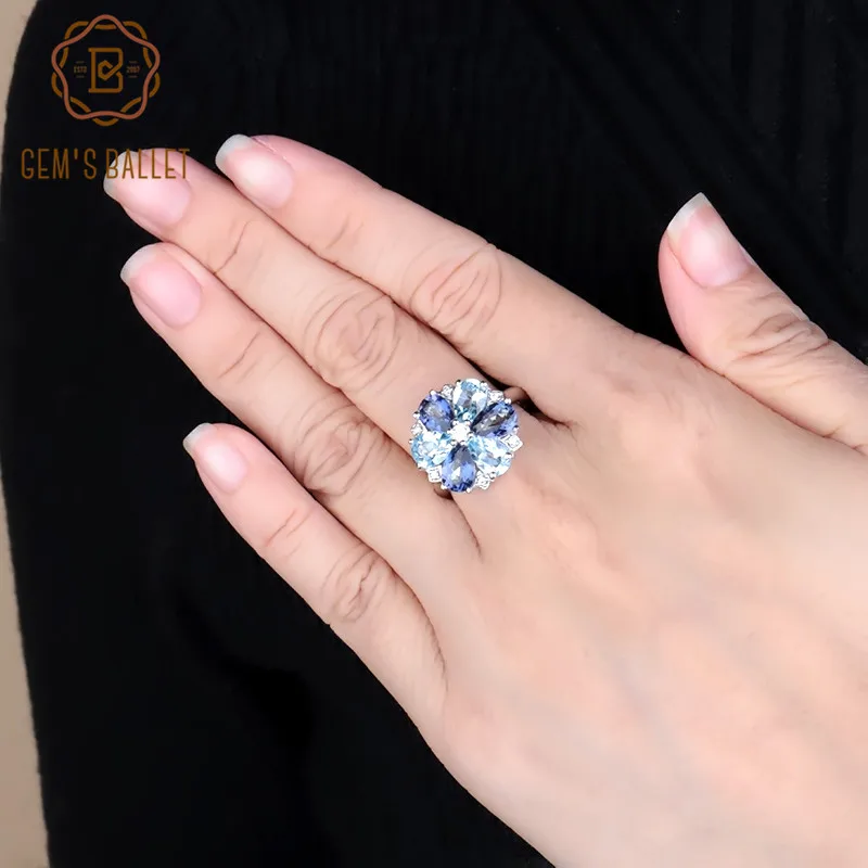 Серьги и кольцо из серебра 925 пробы с натуральным голубым топазом | Украшения