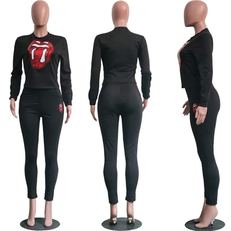 Sequined Red Lips Pattern Fashion Women Set Casual O Neck Long Sleeve Tops Elastic Waist Skinny Leggings Suit Two Pieces Online | Женские