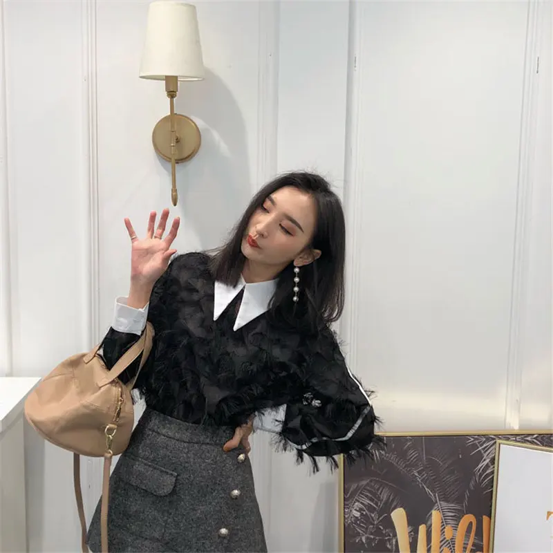 Женские винтажные свободные рубашки Hzirip черные повседневные шифоновые в