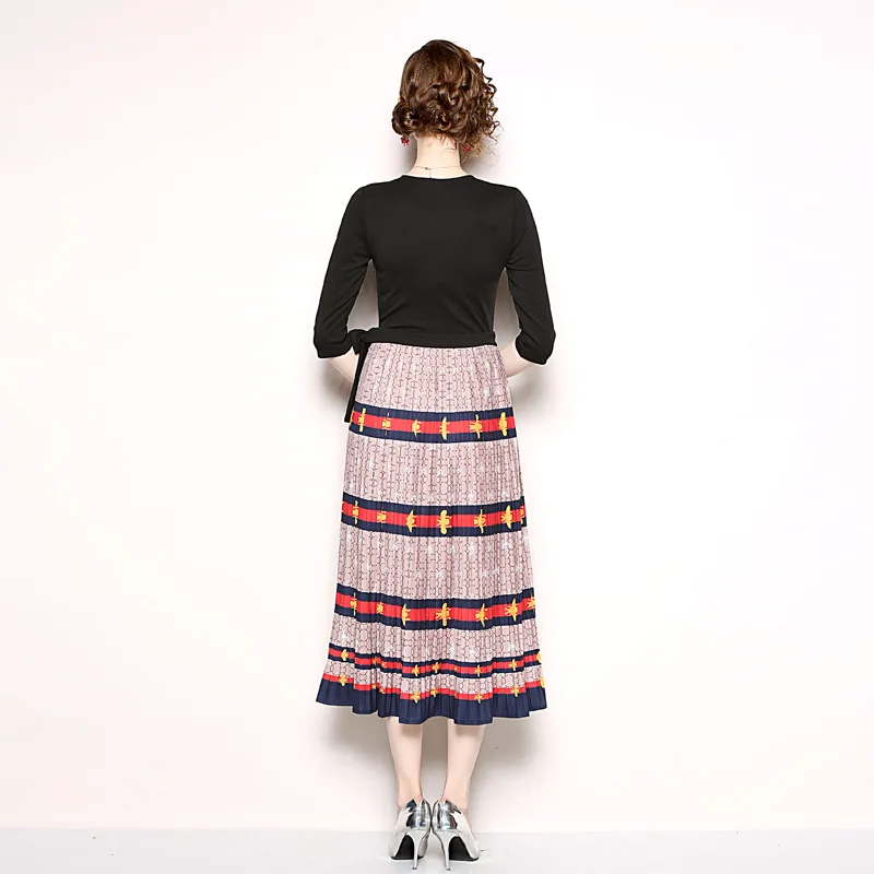 Womens Woman Vintage Designer V-neck Patchwork Printed Pleated Runway Slim Ladies Wear Cocktail Party Swing Dress Dresses N9644 | Женская
