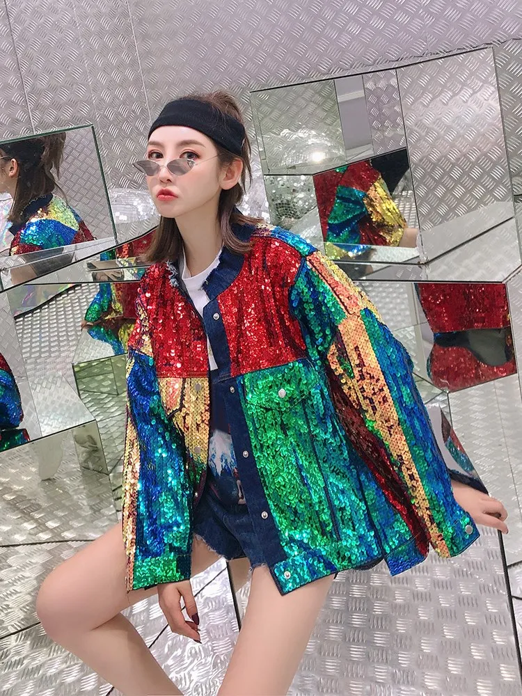 Женская джинсовая куртка WHITNEY WANG яркого цвета с блестящими блестками на весну и