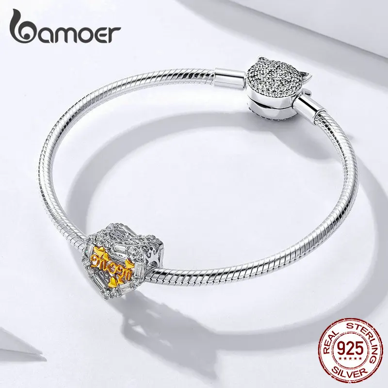 BAMOER сердце амулеты для браслета 925 пробы серебро, мама День матери Подарки Золотой цвет металлические бусины для шарма Браслеты SCC1163