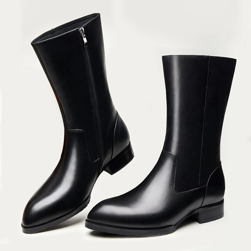 Мужские высокие официальные ботинки на молнии натуральная кожа круглый носок