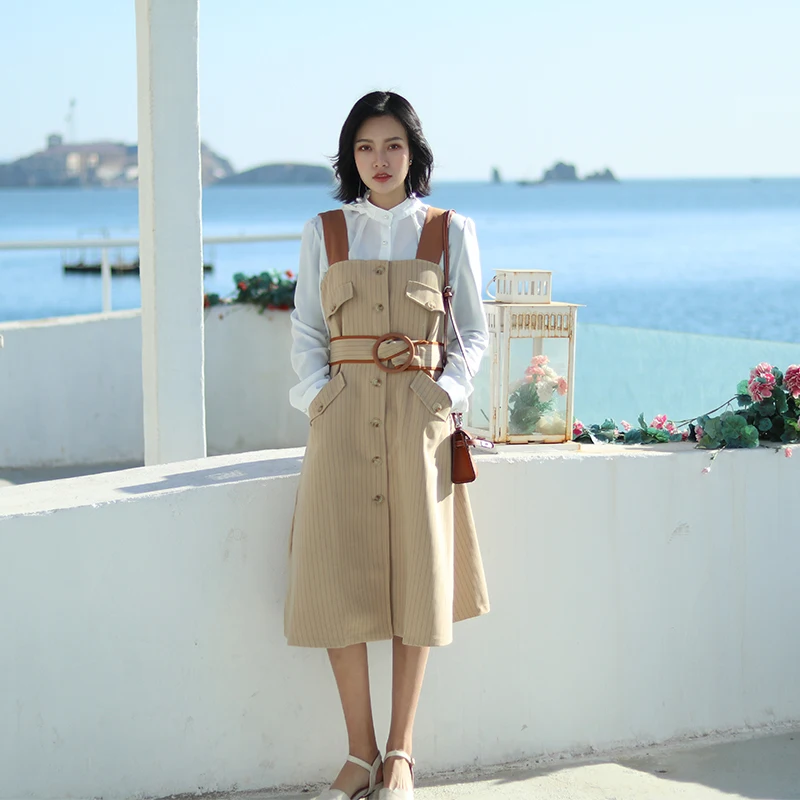 Original temperament women's dress 2018 spring new loose lace single-breasted long section striped strap women | Женская одежда