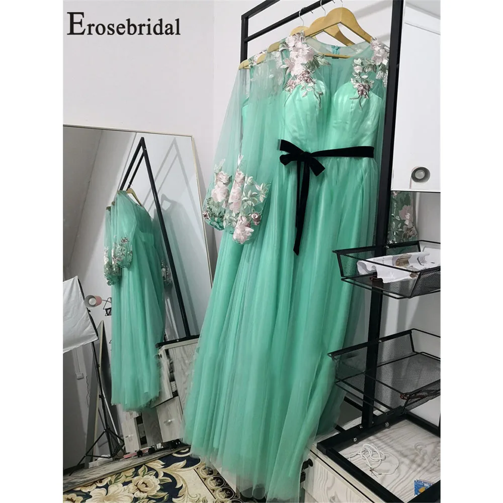 Erosebridal зеленое с длинным рукавом платье трапециевидной формы цветочным рисунком