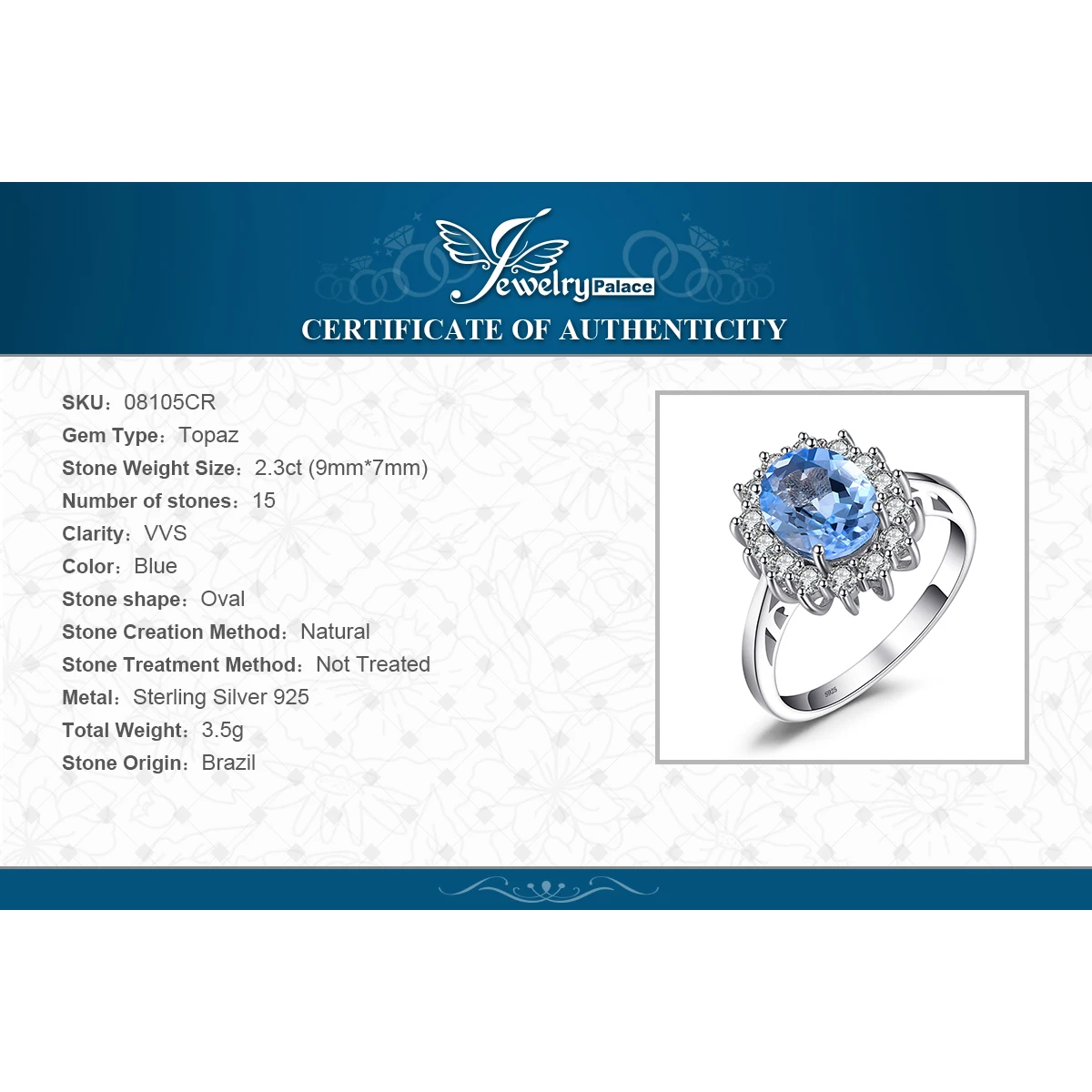 Jewelrypalace Принцесса Диана Уильям Kate 2.3ct Природный Голубой топаз Обручение Halo Кольцо
