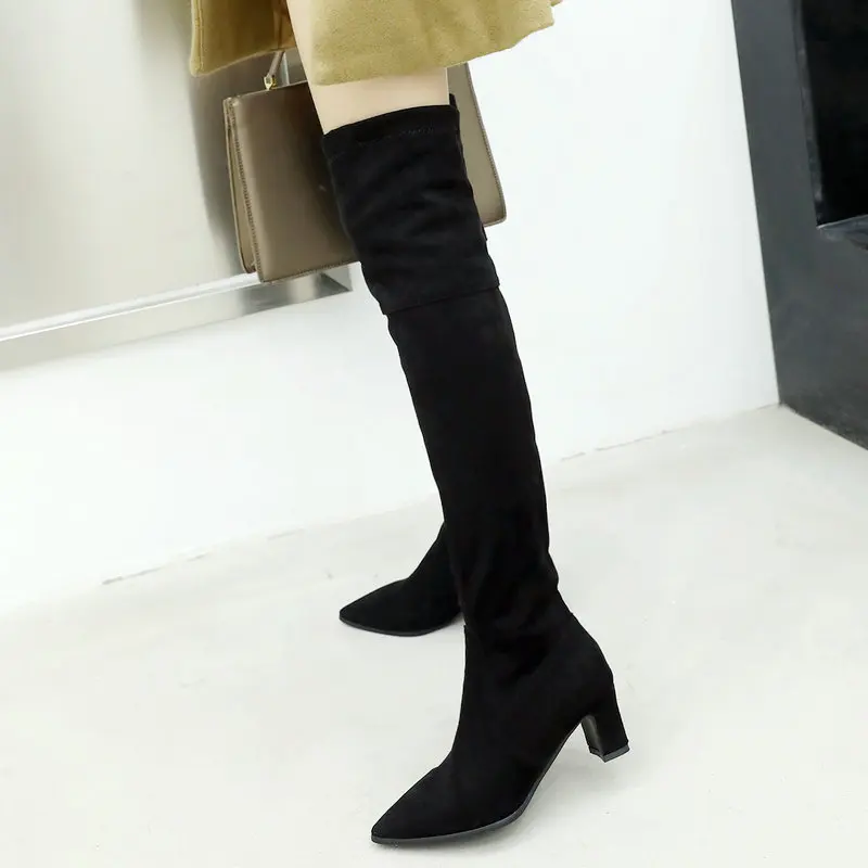 Из искусственной замши высокие сапоги зимние женские ботфорты выше колена