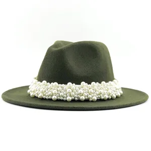 Женская и Мужская шерстяная шляпа-федора с Жемчужной Лентой, элегантная зимняя и осенняя широкополая шляпа для церкви, Панама, сомбро, джаз