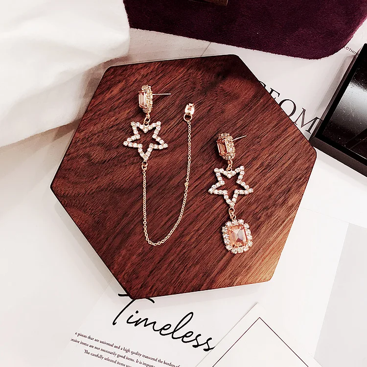 Korea Sweet Crystal Rhinestone Hollow Star Long Asymmetric Drop Earrings for Women Fashion Temperament Jewelry Brincos Wholesale | Украшения