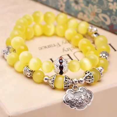 Женский двухслойный браслет кошачий глаз ручной работы из натурального камня в