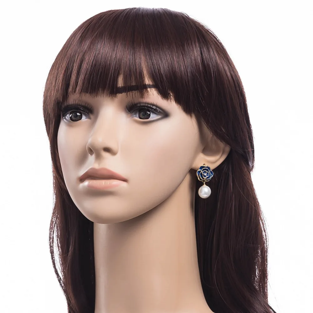 Luxurious Rhinestones Blue Rose Flower White Pearl Women Drop Earrings for Wedding Engagement Jewelry A1285 | Украшения и