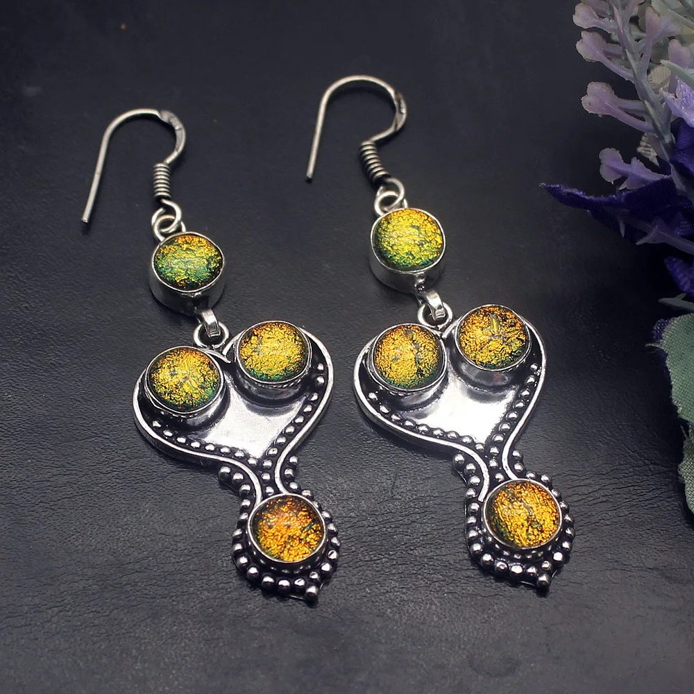 

Gorgeous Vintage Dichroic Glass 925 Sterling Silver Color Ladies Dangle Earrings 2 1/2 Inch TF517 Free Shipping