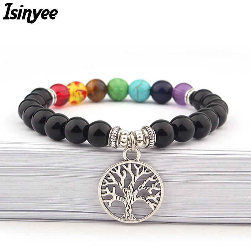 

ISINYEE 2021 Fashion Tree Of Life Charm Bracelets For Women Men 8MM Black Natural Stone Chakra Yoga Prayer Beads Bracelet