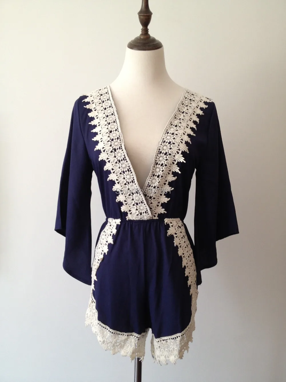 2015 New Women Sexy Lace White Blue Playsuit Deep V-neck Jumpsuit High Waist Ladies Romper Free Shipping #J057 |