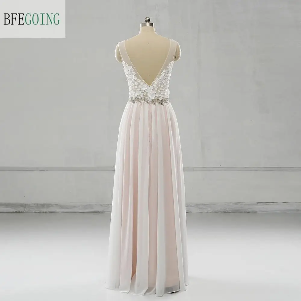 White Lace Appliques Chiffon Satin V-Neck Sleeveless A-Line Floor-Length Wedding Dresses Custom Made Bridal Gown | Свадьбы и