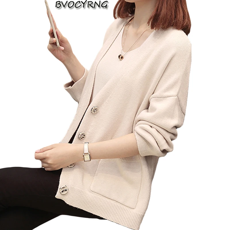 

2019 new spring autumn women sweater V-neck loose ladies jacket high-end knit cardigan coat female large size casual tops A1396