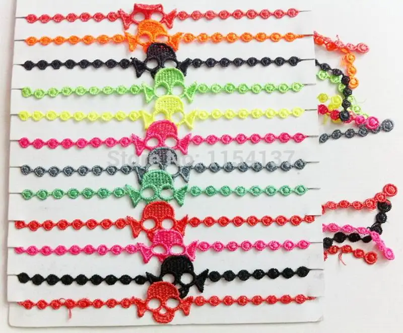 New 19styles!! promotion 24pcs/bag mix colors randomly Trendy polyester skull cross shape italy lace bracelet for women girls | Украшения и
