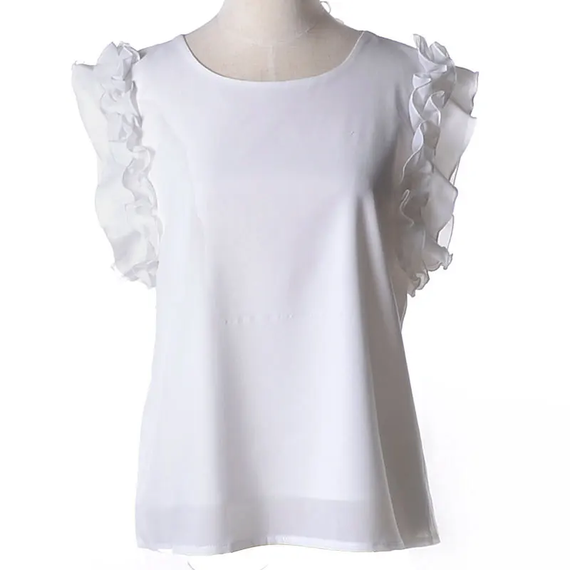 2017 Women Sleeveless Chiffon Shirt Ladies Summer Casual Puff Sleeve Tops Elegant Female Fashion Ruffles Soild Plus Size Blouse |