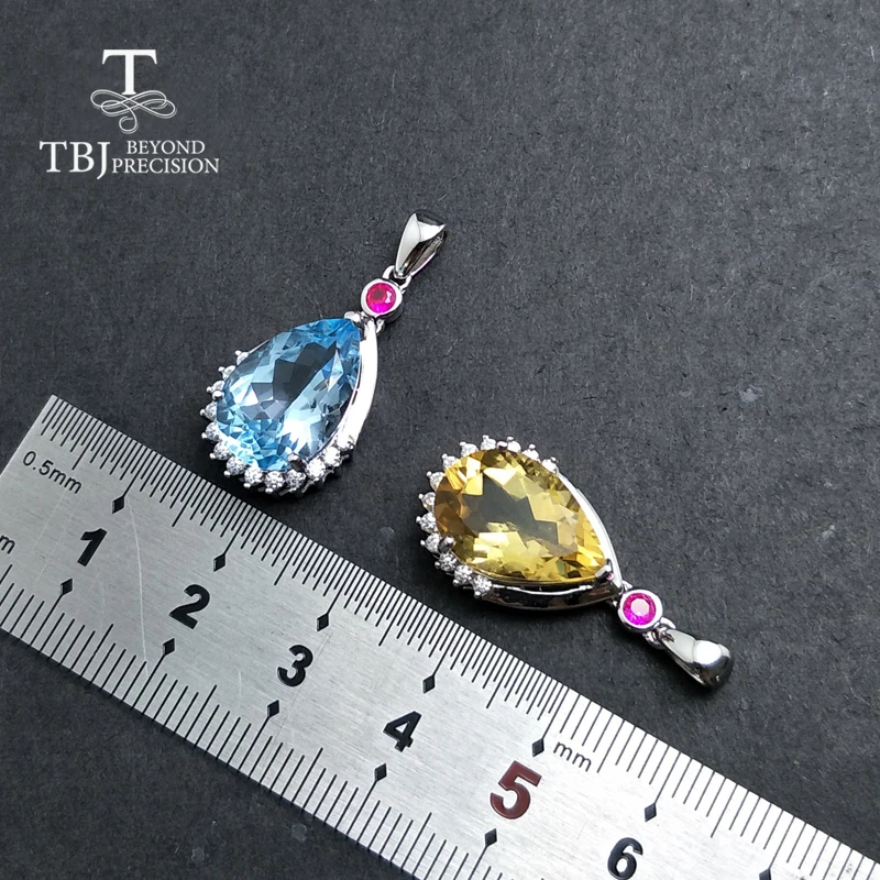 TBJ water drop shape pendant in 925 sterling silver with nautral sky blue topaz and citrine shiny for women as gift box | Украшения и