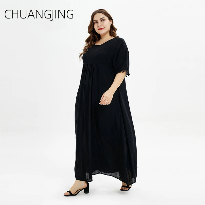Женское платье большого размера летнее Новое повседневное однотонное черное с