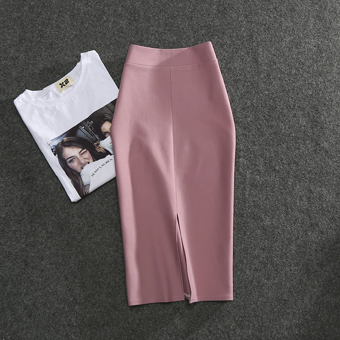 Розовый Women Pencil Skirt High Waist Solid Color Slim Office Skirt Casual Tight Package Hip One Step Skirt Pink Yellow Blue Hot 2495LY - Цвет: Розовый