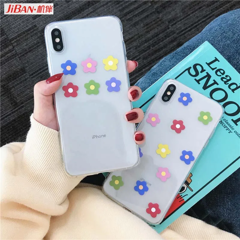 JIBAN Ins Lovely Flowers Phone Case for Iphone X XR XSMAX 6 6s 6plus 7plus 8 Transparent Soft Cartoon Back Cover |
