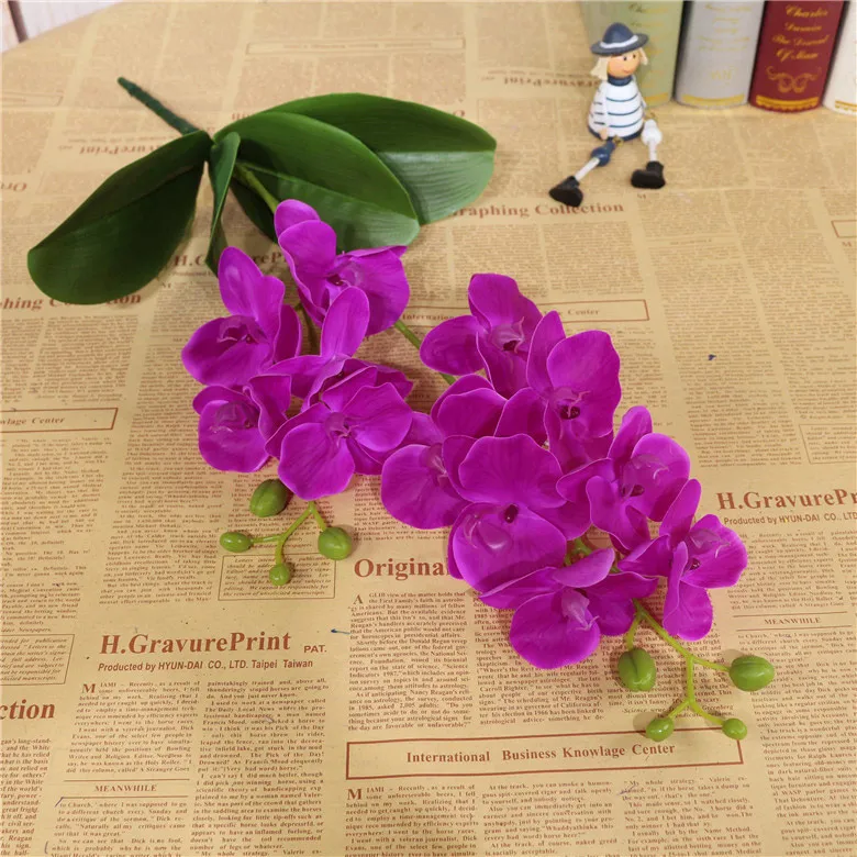 dark purple Искусственные цветы 60 см, растения в горшках, латексная искусственная Орхидея, 2 ветки, листья бабочки, орхидеи, для свадебного торжества, стола, украшения для дома - Цвет: dark purple