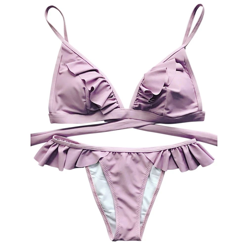 2017 г. сексуальный розовый комплект бикини с мягкими бретельками и рюшами высокой