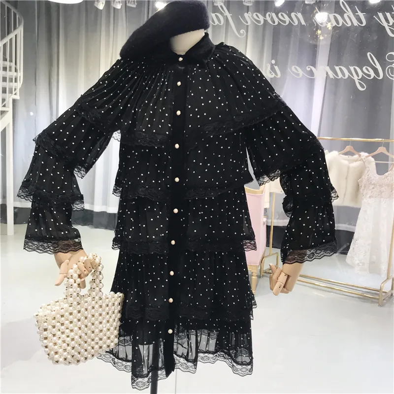 ALPHALMODA Stand Collar Pleated Dotted Chiffion Single Breasted Long Sleeve Loose Fit Ruffles Lace Border Ladies Dress | Женская одежда