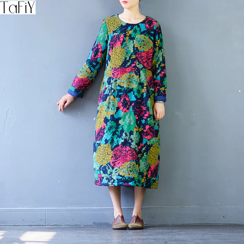 TaFiY зимнее платье 2017 Vestido женское плюс размер винтажное с круглым вырезом прямое