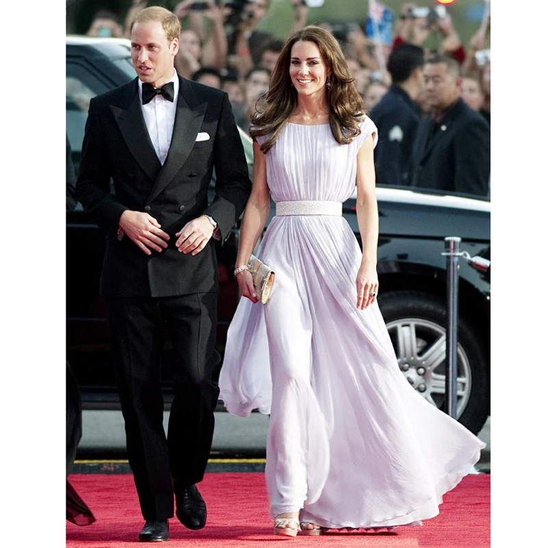 Новые Вечерние Платья Line Scoop С Коротким Рукавом Развертки Поезд Sash Шифон Вечер