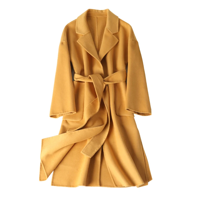 

New arrival 100% Wool coat brand winter woolen coat 2019 thick cashmere coat solid female green overcoat sashes long wool coat