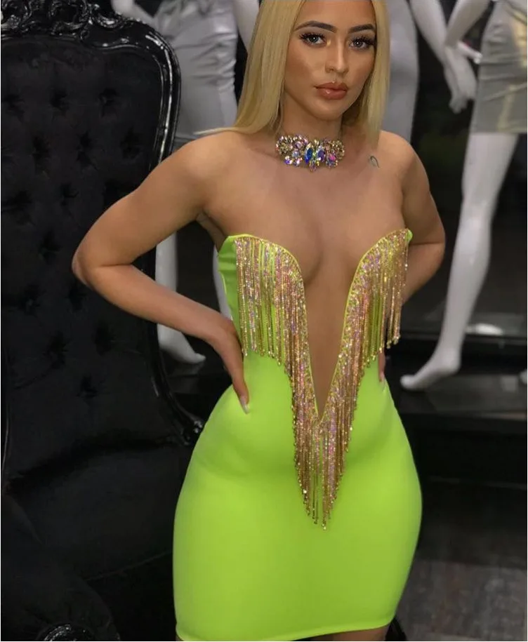 Высококачественное зеленое платье с кисточками без рукавов в стиле Звезд