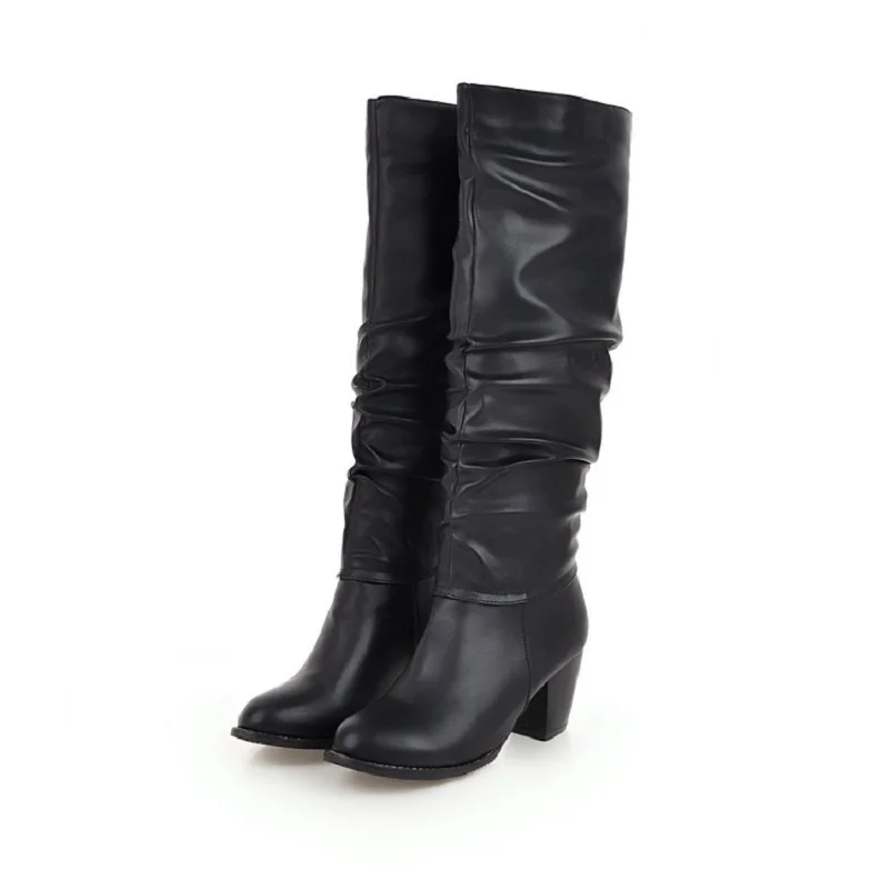 Женские сапоги на квадратном каблуке без застежки размеры до 16|Сапоги колена| |